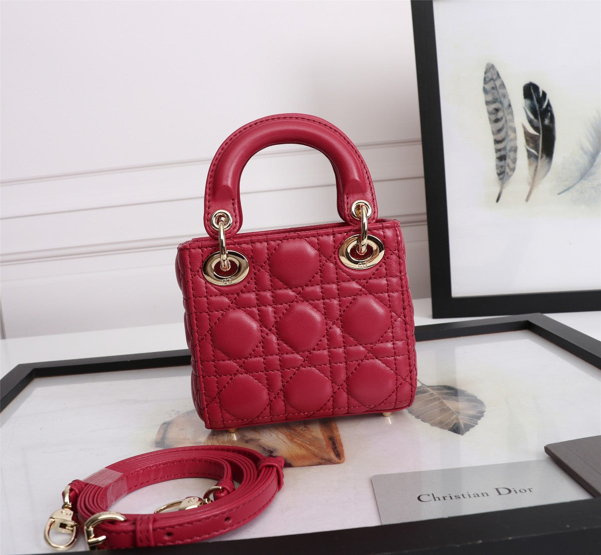 Dior Classic Red Quilted Leather Mini Top Handle Handbag with Strap
