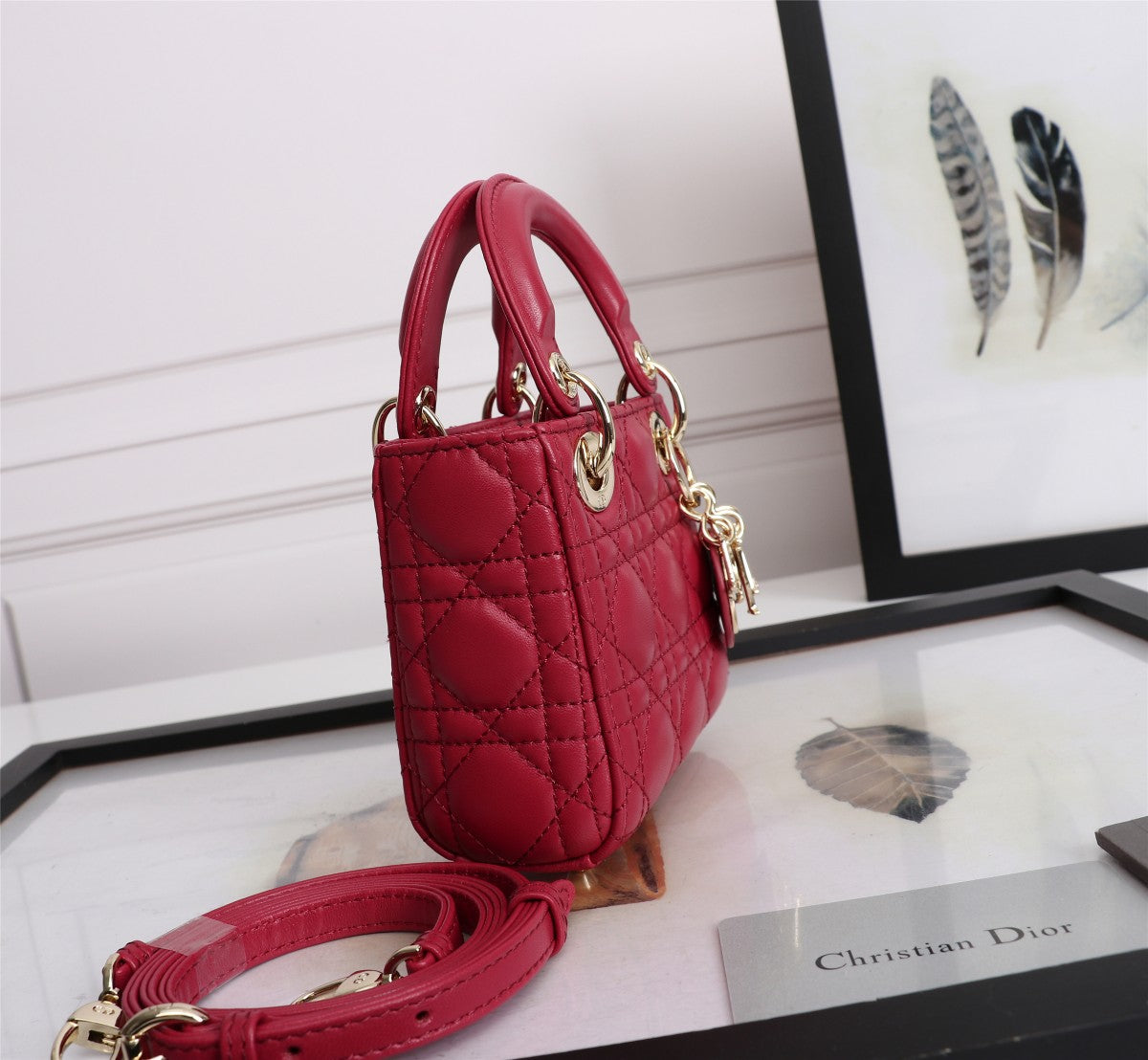 Dior Classic Red Quilted Leather Mini Top Handle Handbag with Strap