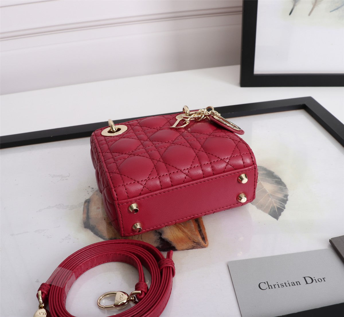 Dior Classic Red Quilted Leather Mini Top Handle Handbag with Strap