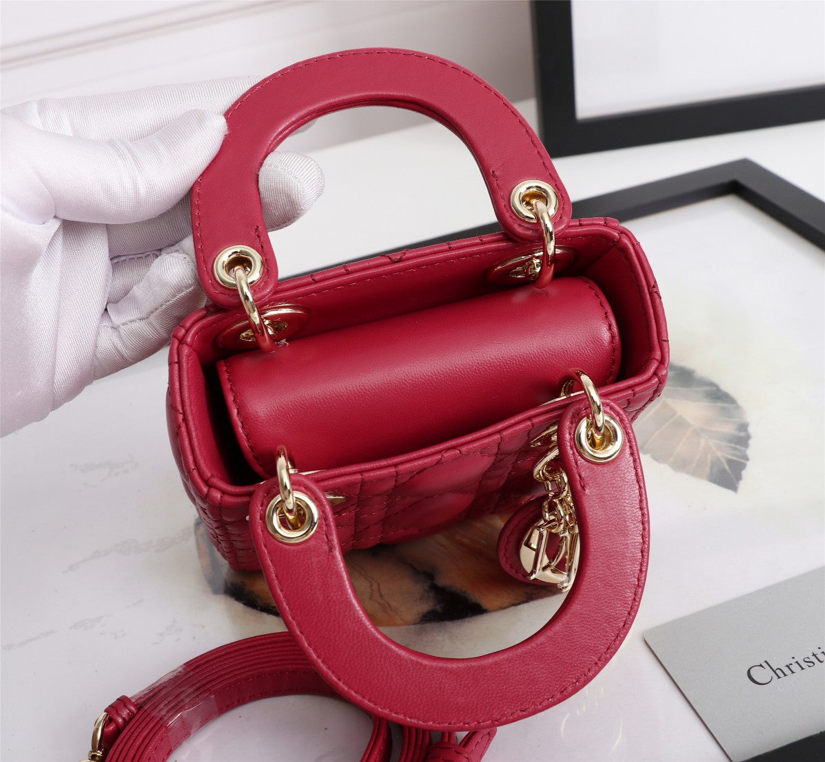 Dior Classic Red Quilted Leather Mini Top Handle Bag with Shoulder Strap
