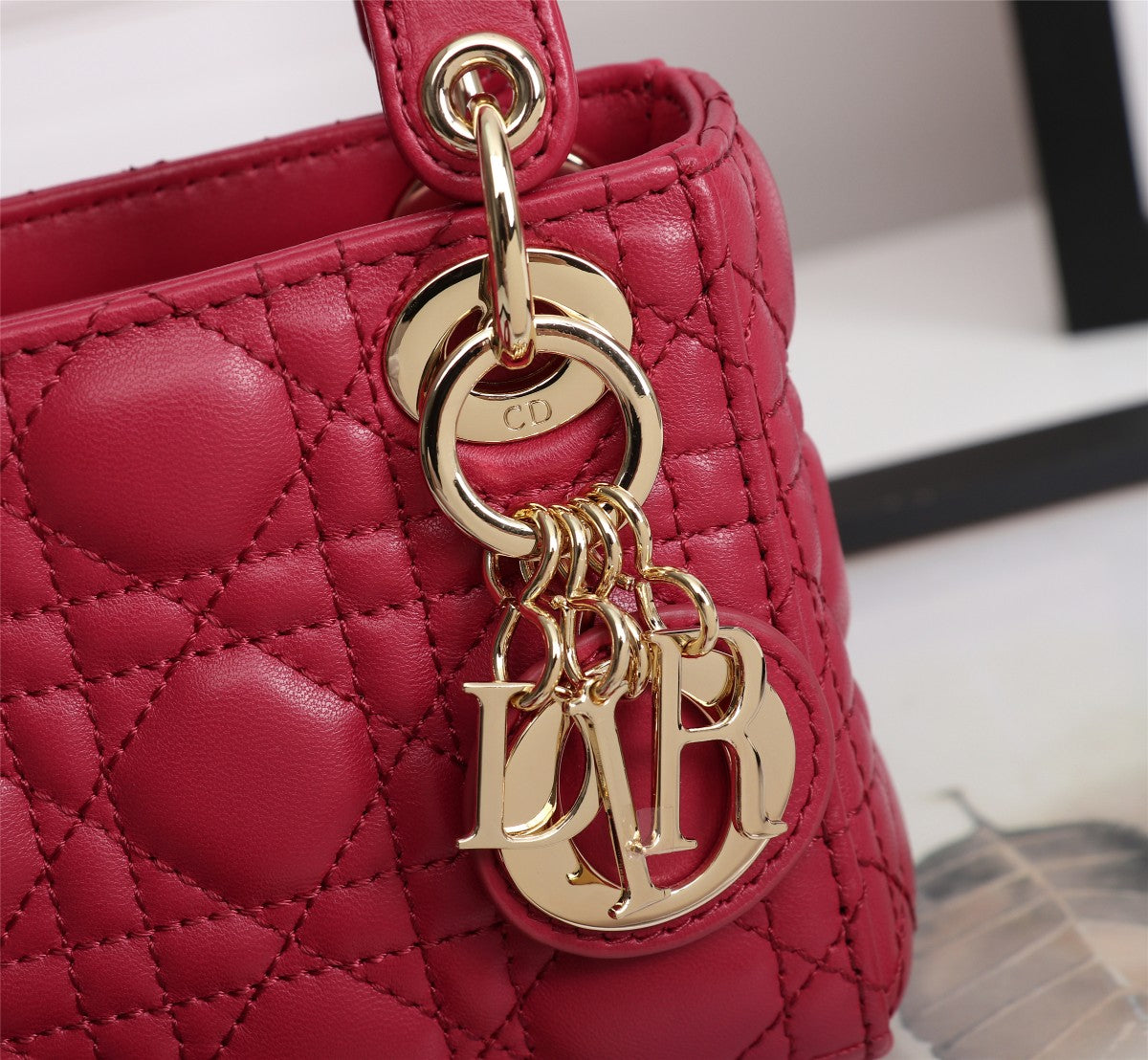 Dior Classic Red Quilted Leather Mini Top Handle Bag with Shoulder Strap