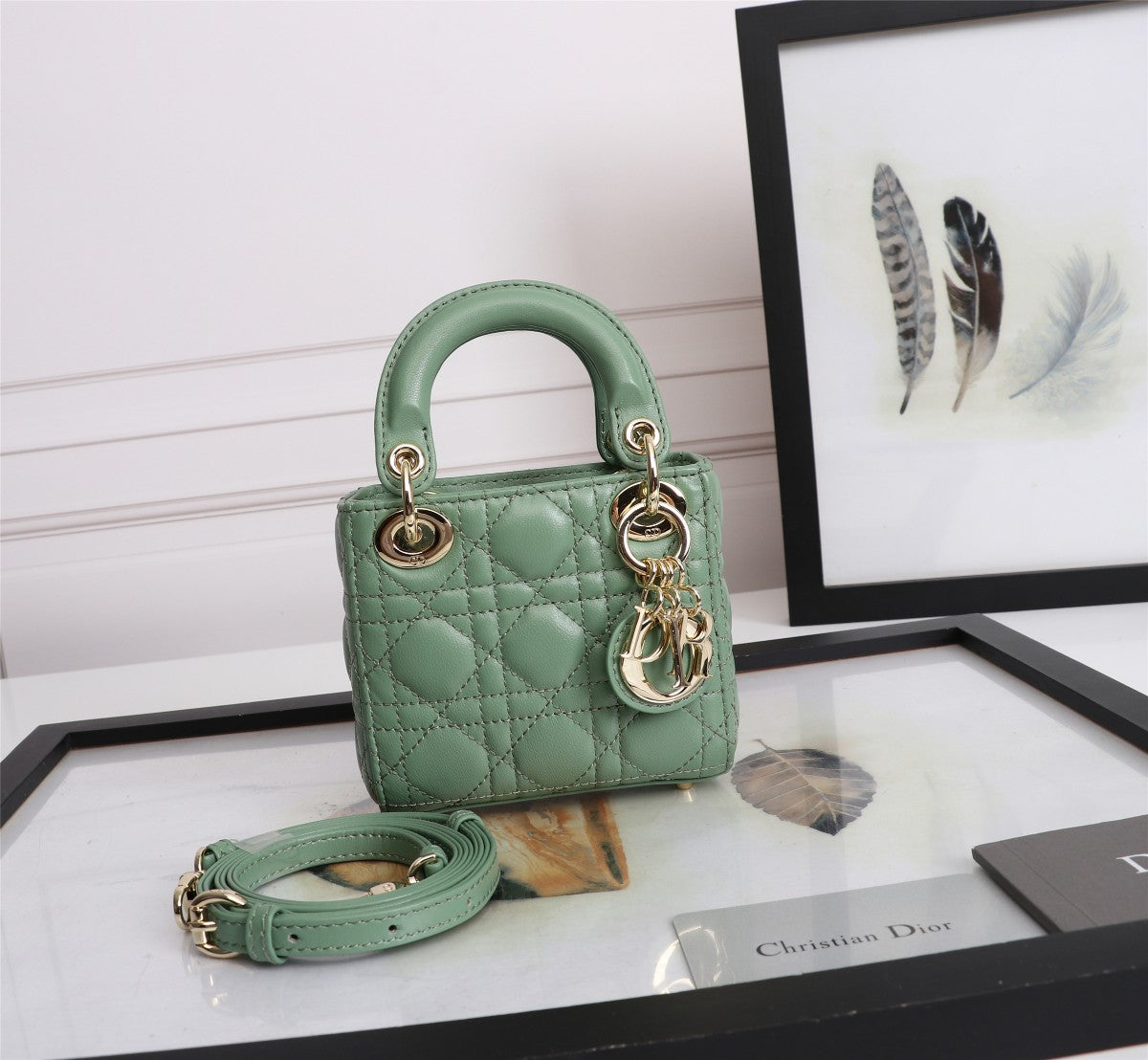 Dior Elegant Sage Green Quilted Leather Mini Top Handle Shoulder Bag