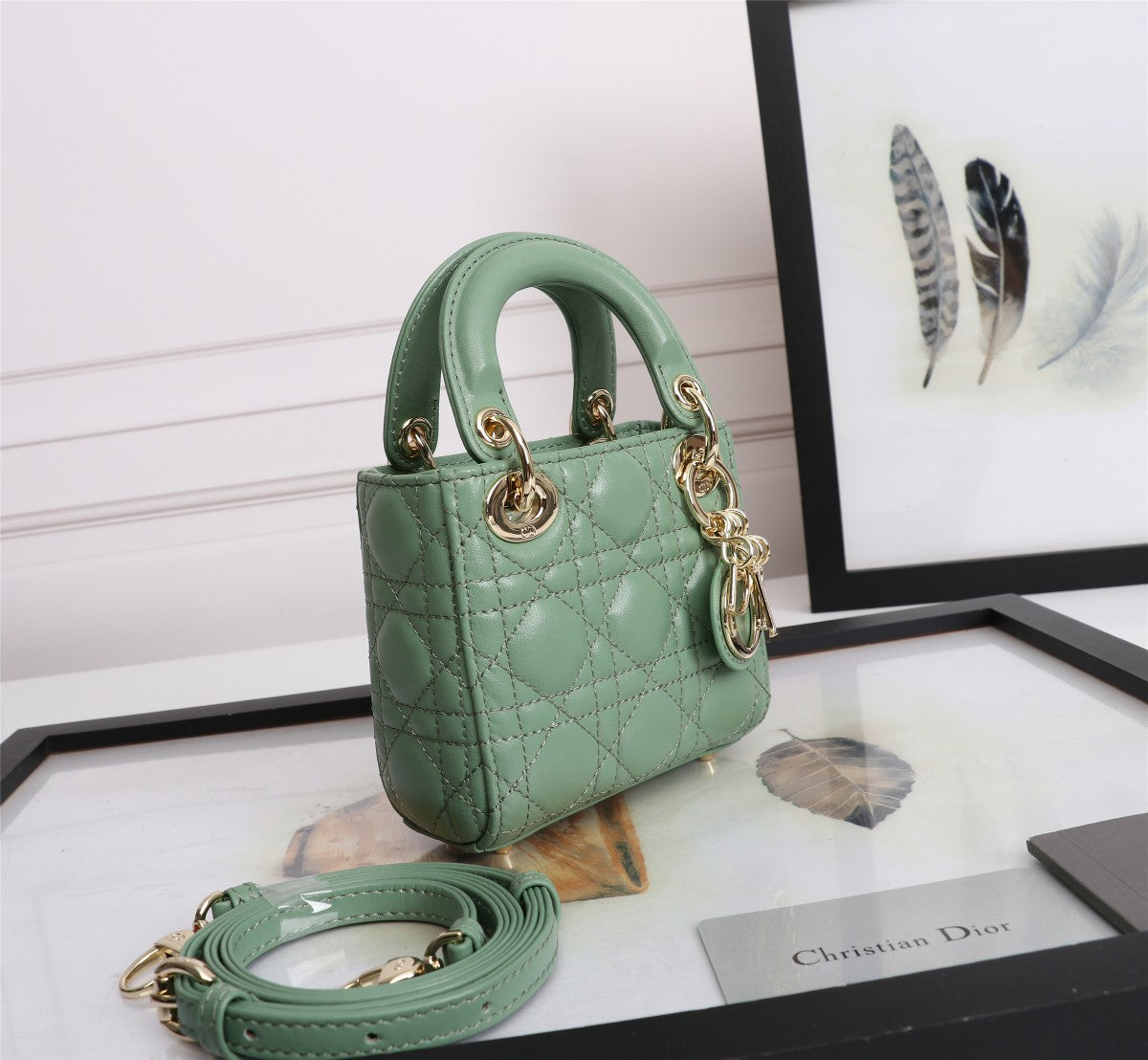 Dior Mint Green Quilted Leather Mini Top Handle Handbag with Strap