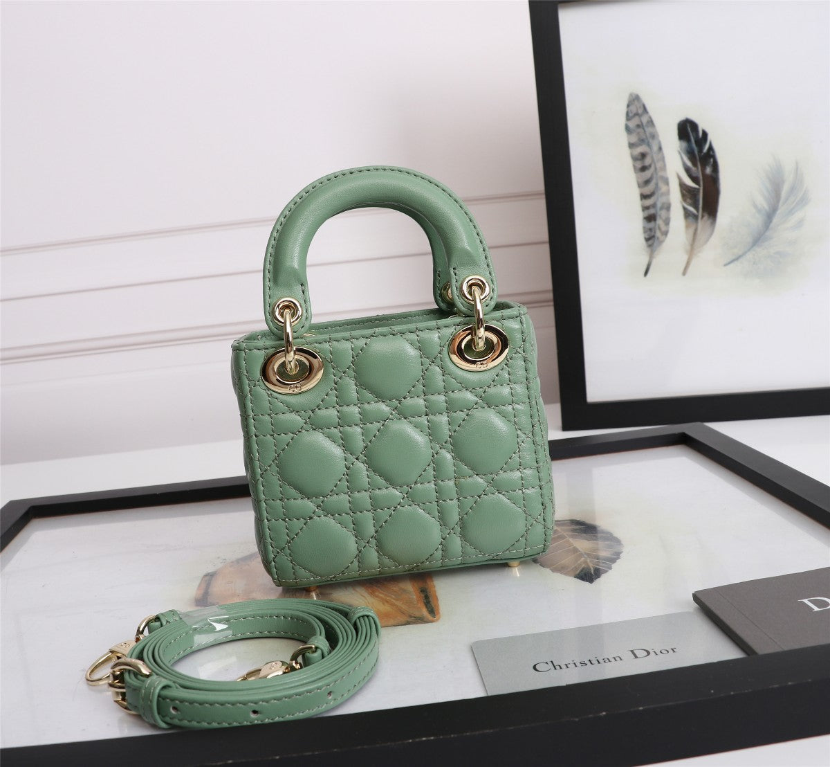 Dior Elegant Sage Green Quilted Leather Mini Top Handle Shoulder Bag