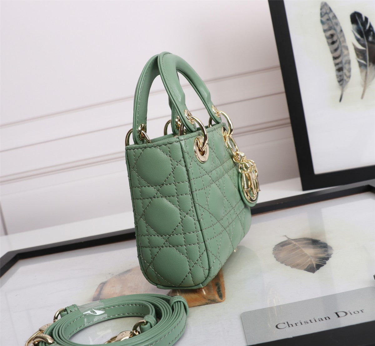 Dior Elegant Sage Green Quilted Leather Mini Top Handle Shoulder Bag