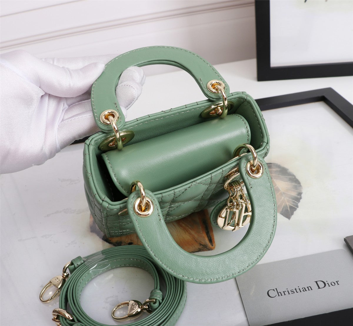 Dior Mint Green Quilted Leather Mini Top Handle Handbag with Strap