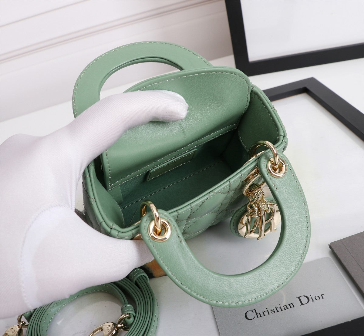 Dior Elegant Sage Green Quilted Leather Mini Top Handle Shoulder Bag