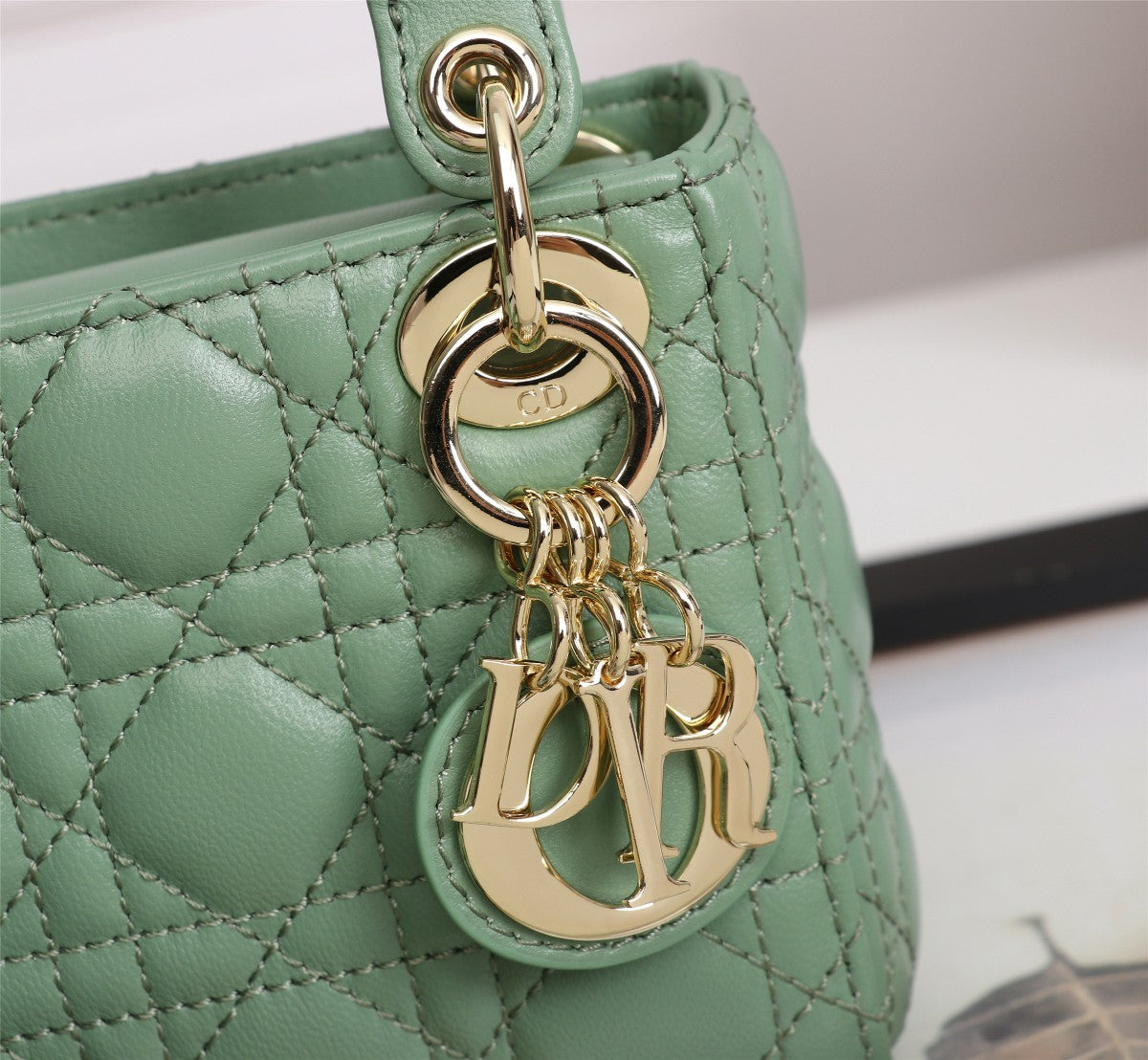 Dior Mint Green Quilted Leather Mini Top Handle Handbag with Strap