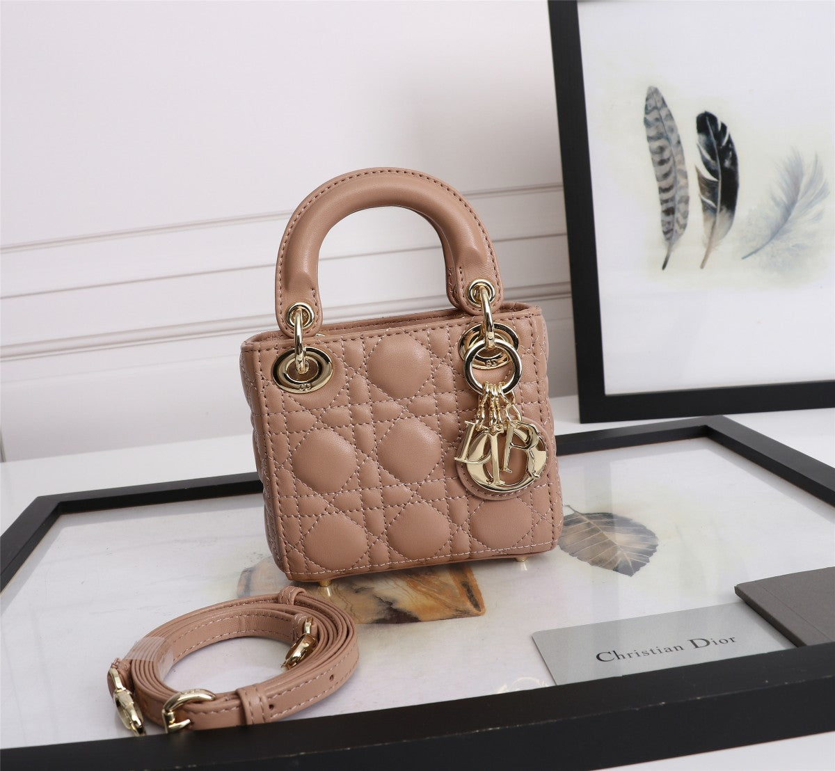 Dior Classic Beige Quilted Leather Mini Handbag with Crossbody Strap