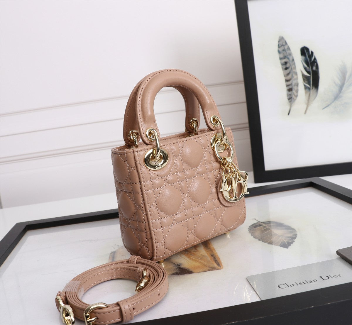 Dior Classic Beige Quilted Leather Mini Handbag with Crossbody Strap
