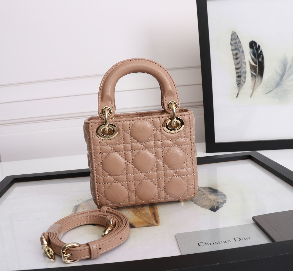 Dior Classic Beige Quilted Leather Mini Handbag with Crossbody Strap