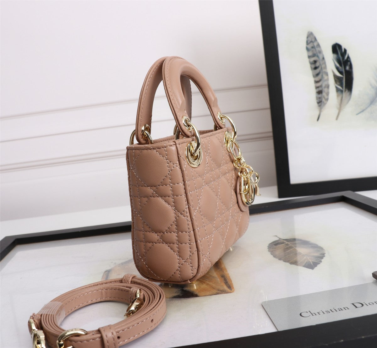 Dior Blush Pink Quilted Leather Mini Top Handle Bag with Shoulder Strap
