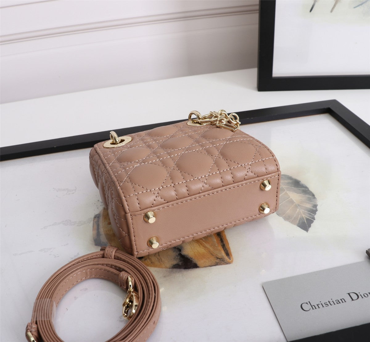 Dior Classic Beige Quilted Leather Mini Handbag with Crossbody Strap