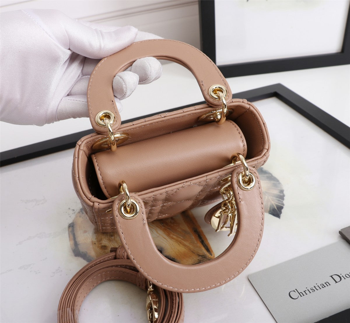 Dior Classic Beige Quilted Leather Mini Handbag with Crossbody Strap