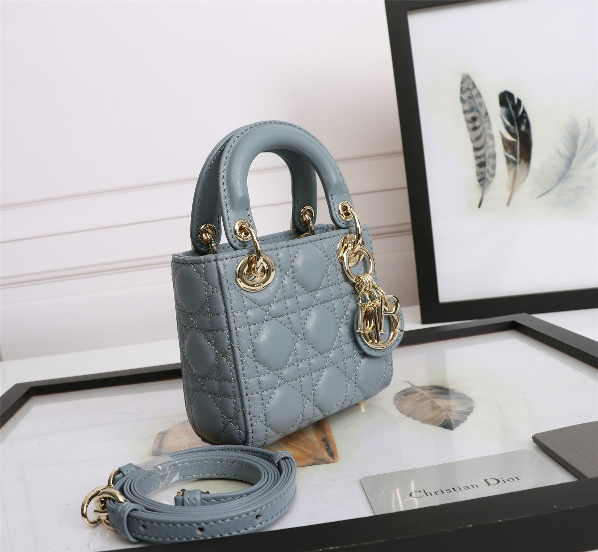 Dior Dusty Blue Quilted Leather Top Handle Bag with Crossbody Strap