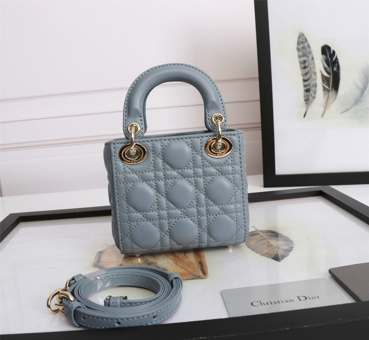 Dior Dusty Blue Quilted Leather Top Handle Bag with Crossbody Strap