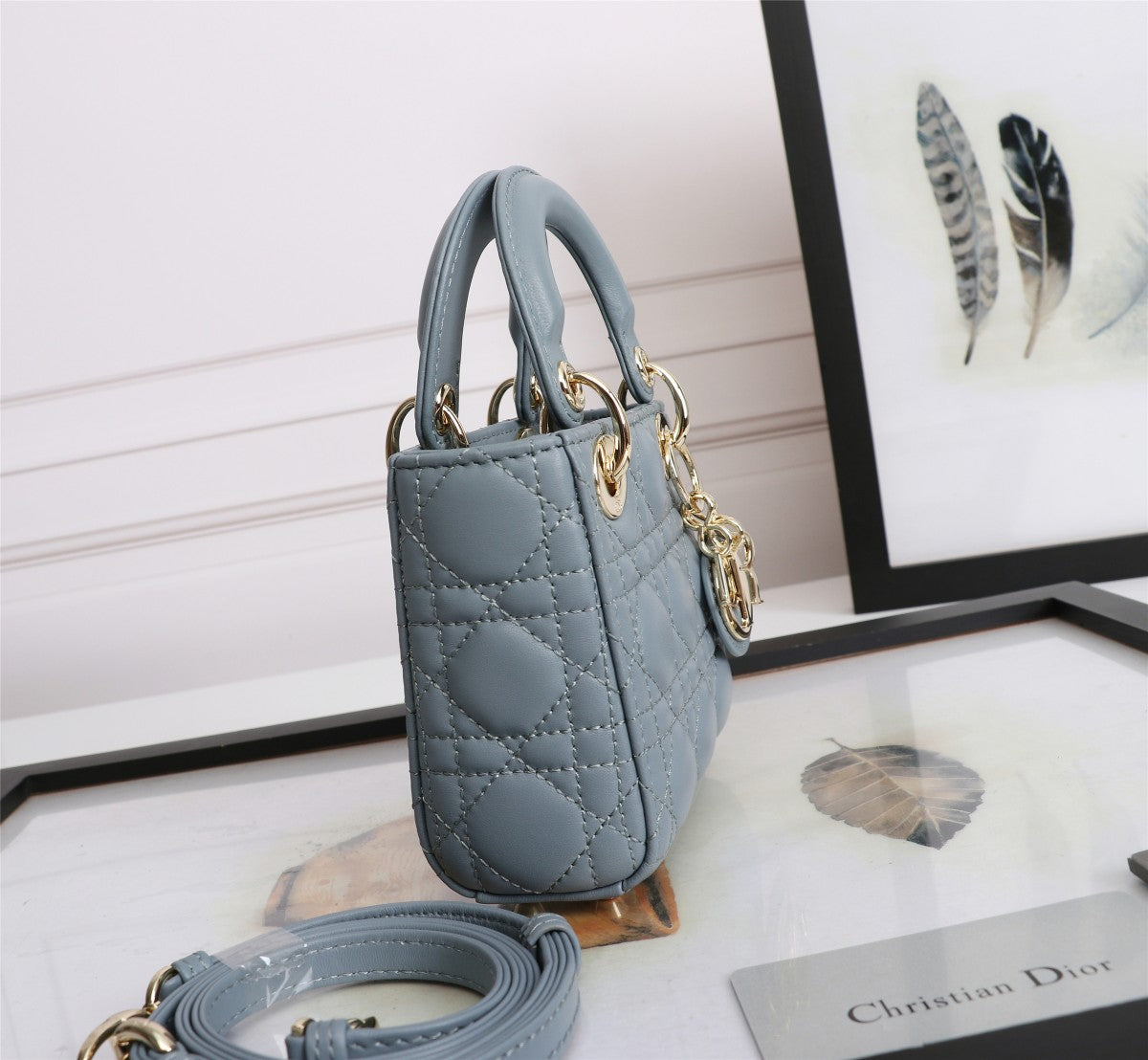 Dior Dusty Blue Quilted Leather Top Handle Bag with Crossbody Strap