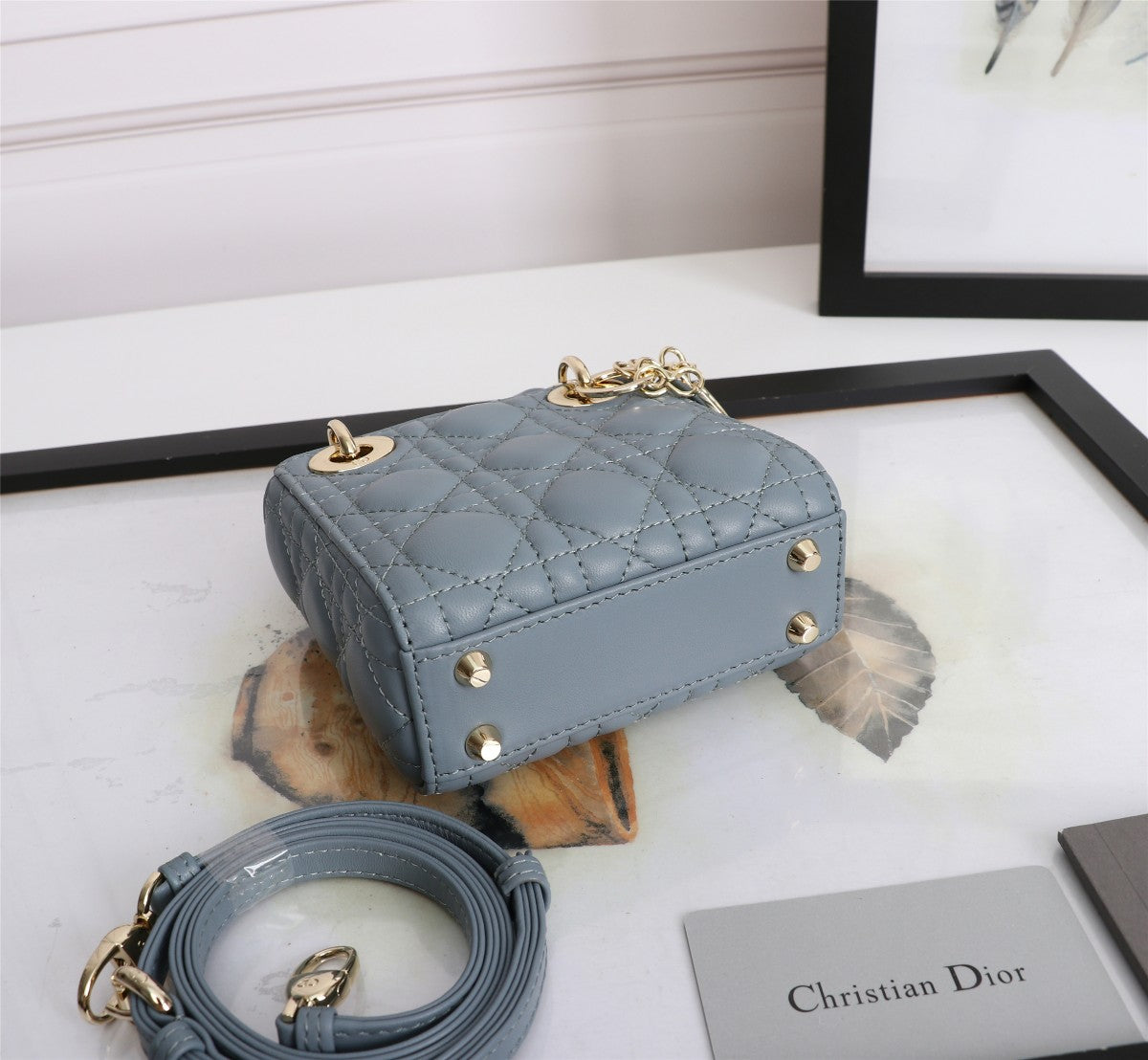 Dior Dusty Blue Quilted Leather Top Handle Bag with Crossbody Strap