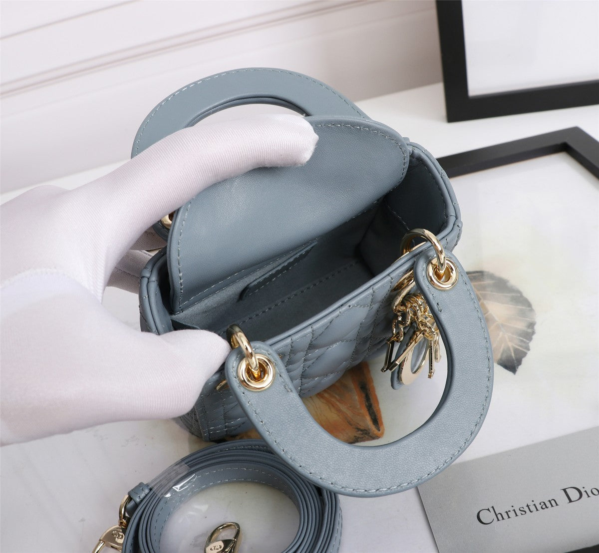Dior Elegant Dusty Blue Quilted Leather Mini Top Handle Bag