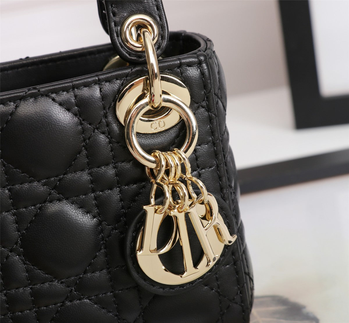 Dior Black Quilted Leather Mini Top Handle Handbag with Gold Hardware