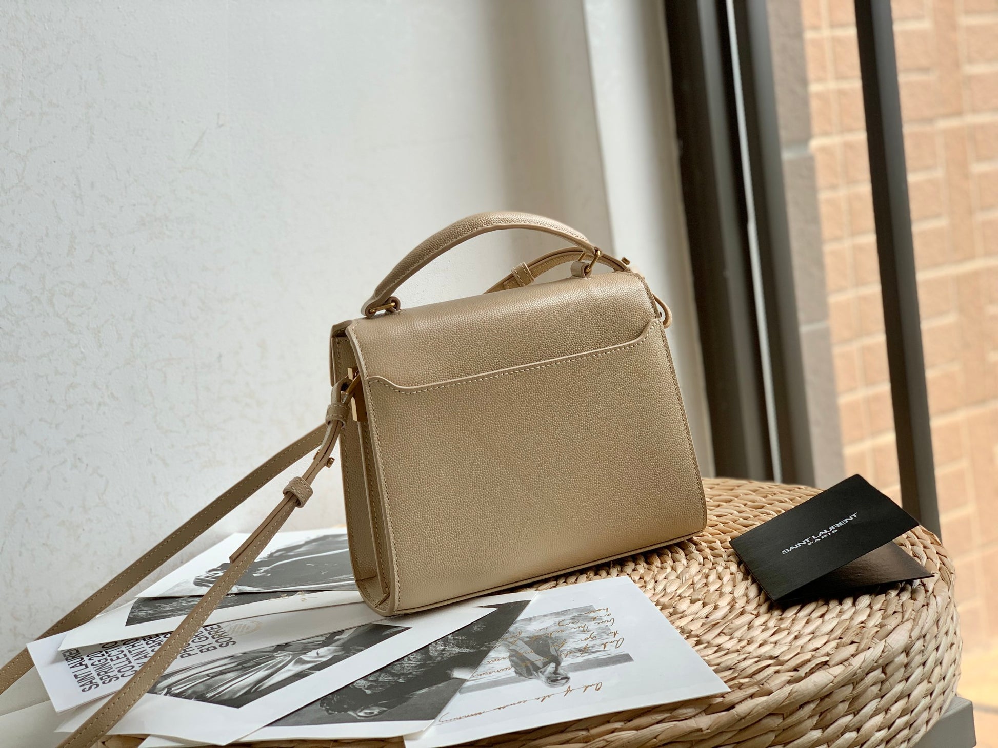 Saint Laurent Cassandra Mini Top Handle Bag in Dark Beige Grained Leather