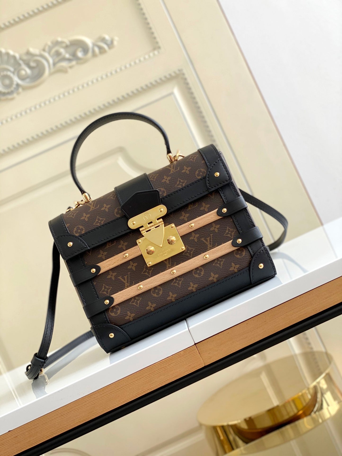 Louis Vuitton Luxury Monogram Canvas Top Handle Bag with Gold Trunk Lock