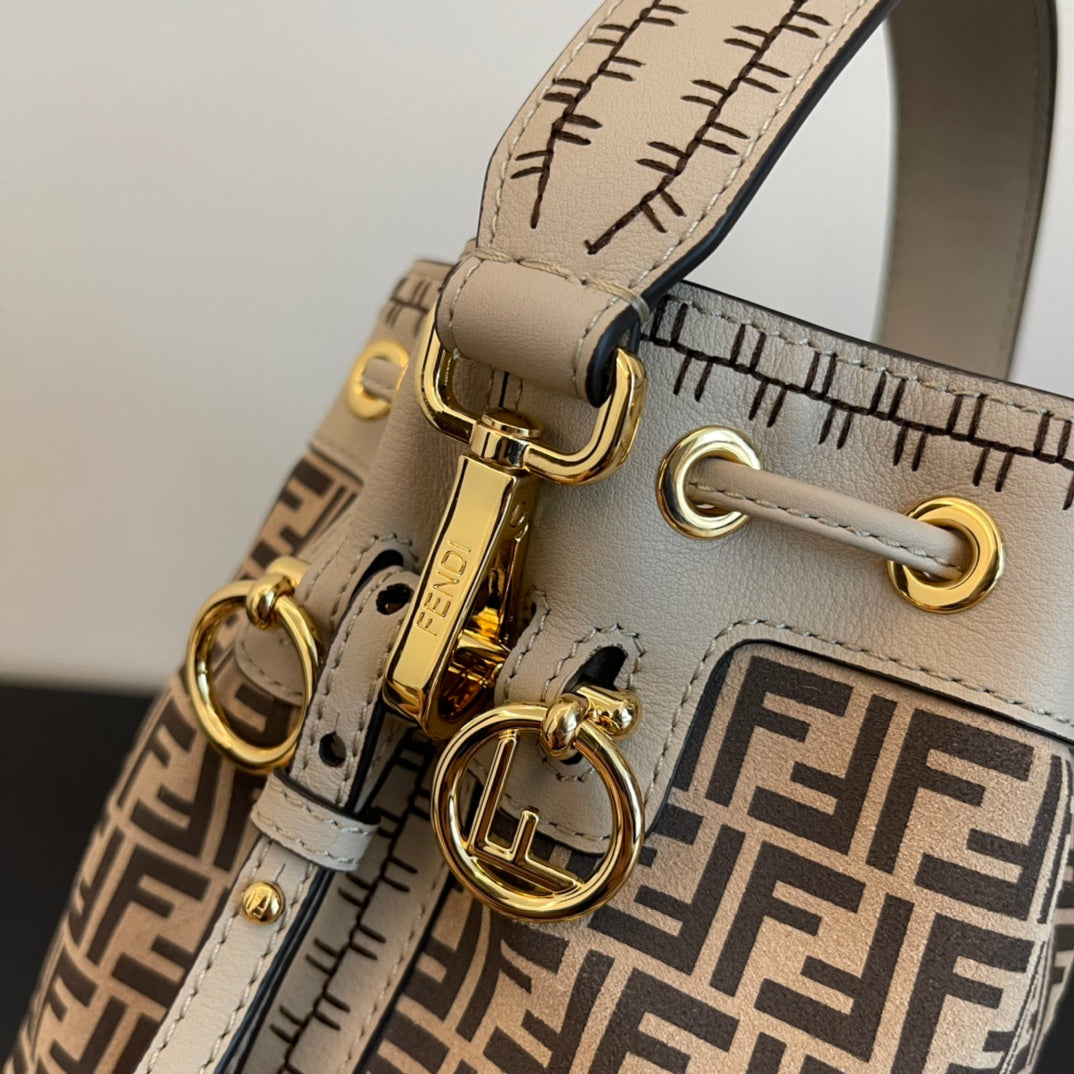Fendi Mon Tresor Small FF Logo Canvas Bucket Bag - Grey/Beige