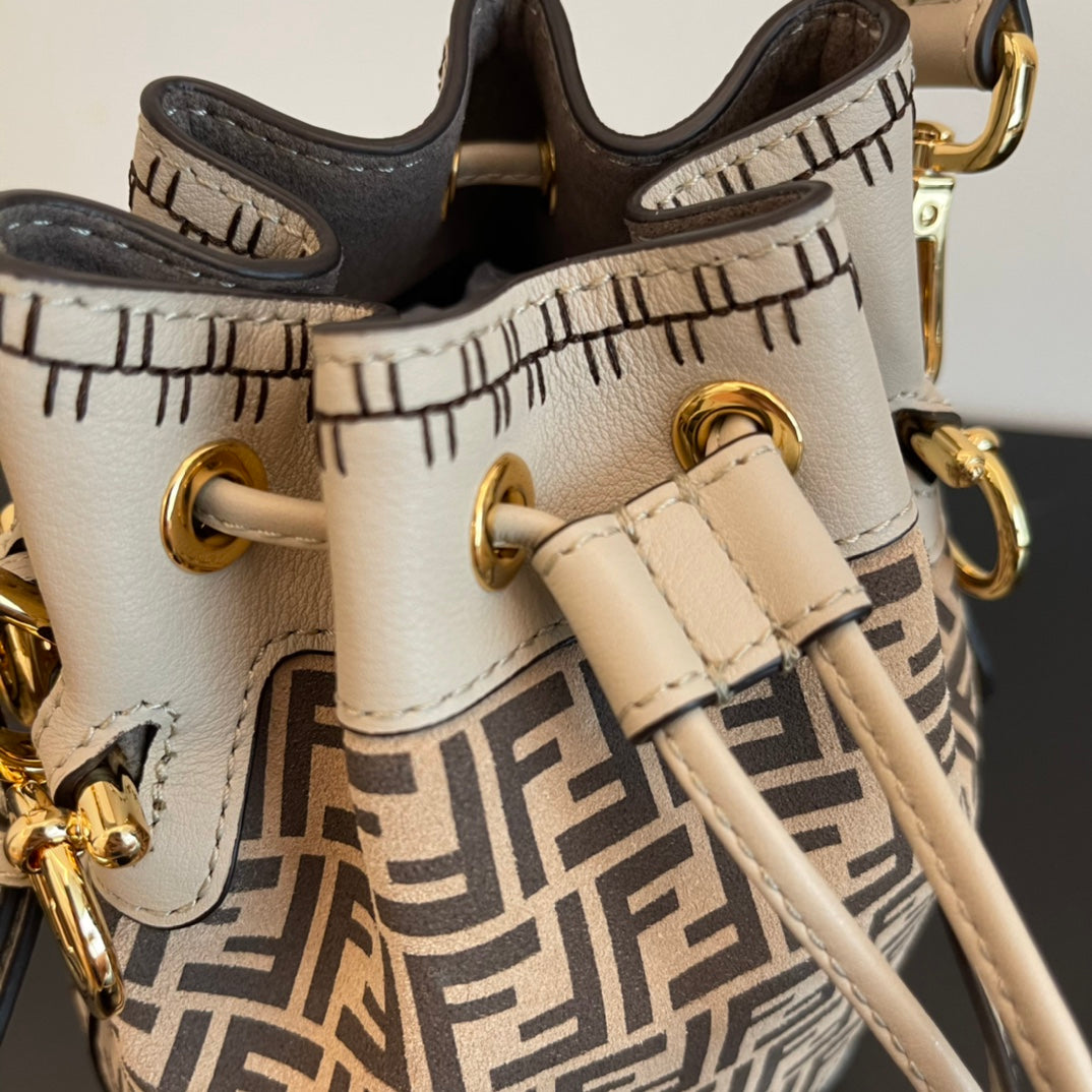 Fendi Mon Tresor Small FF Logo Canvas Bucket Bag - Grey/Beige