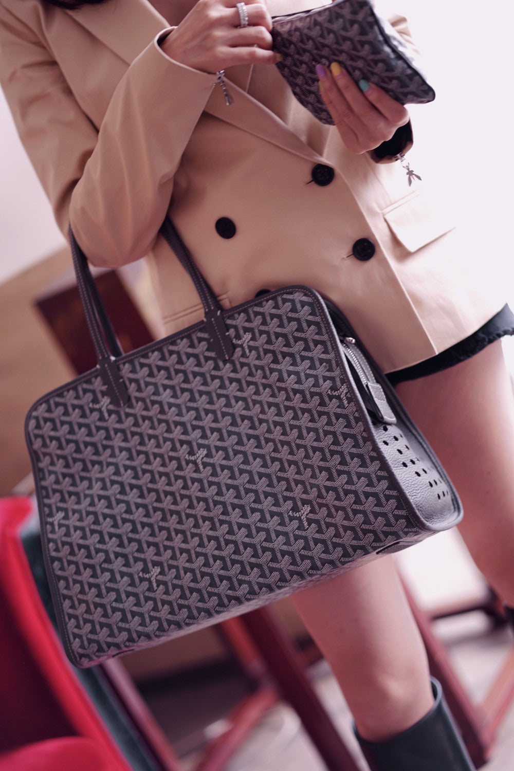 Gogy Geometric Monogram Canvas Shoulder Tote Bag with Matching Pouch