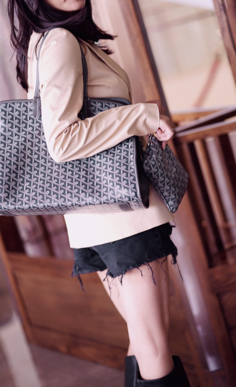 Gogy Geometric Monogram Canvas Shoulder Tote Bag with Matching Pouch