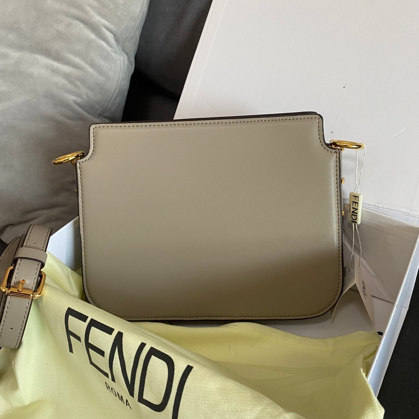 Fendi Grey Leather Shoulder Bag with Gold-Tone Hardware