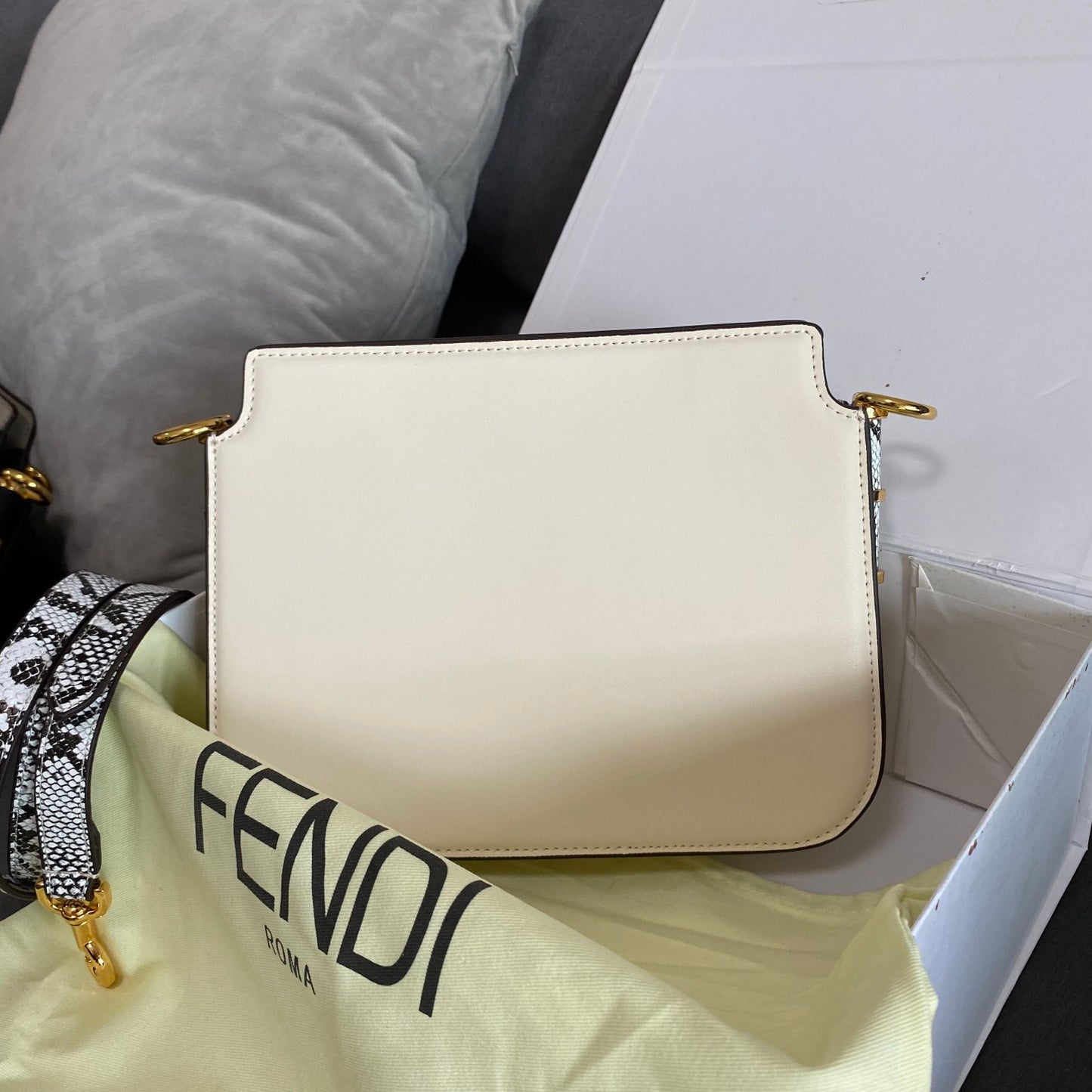 Fendi Kan U White Leather Shoulder Bag with Python-Effect Detail