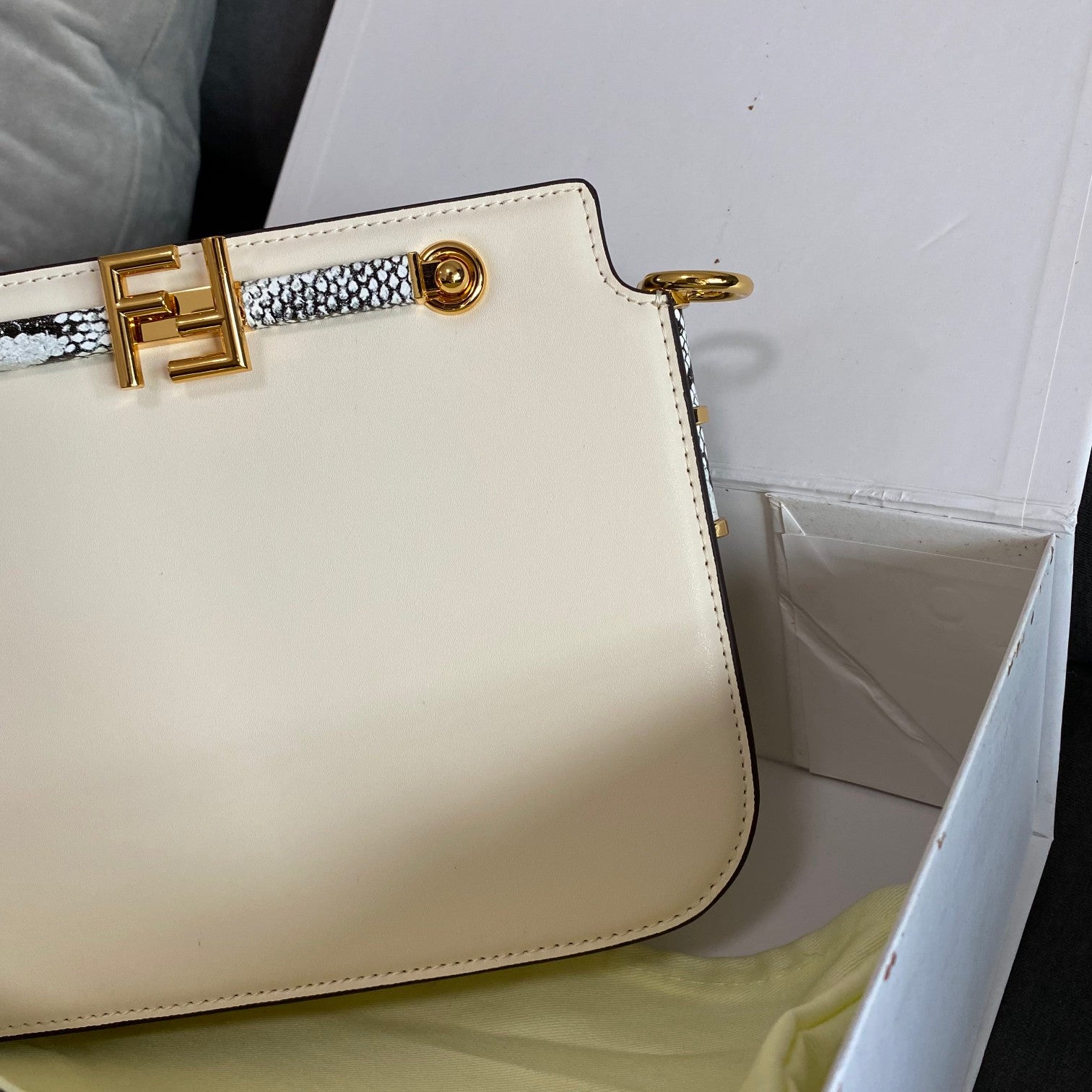 Fendi Kan U White Leather Shoulder Bag with Python-Effect Detail
