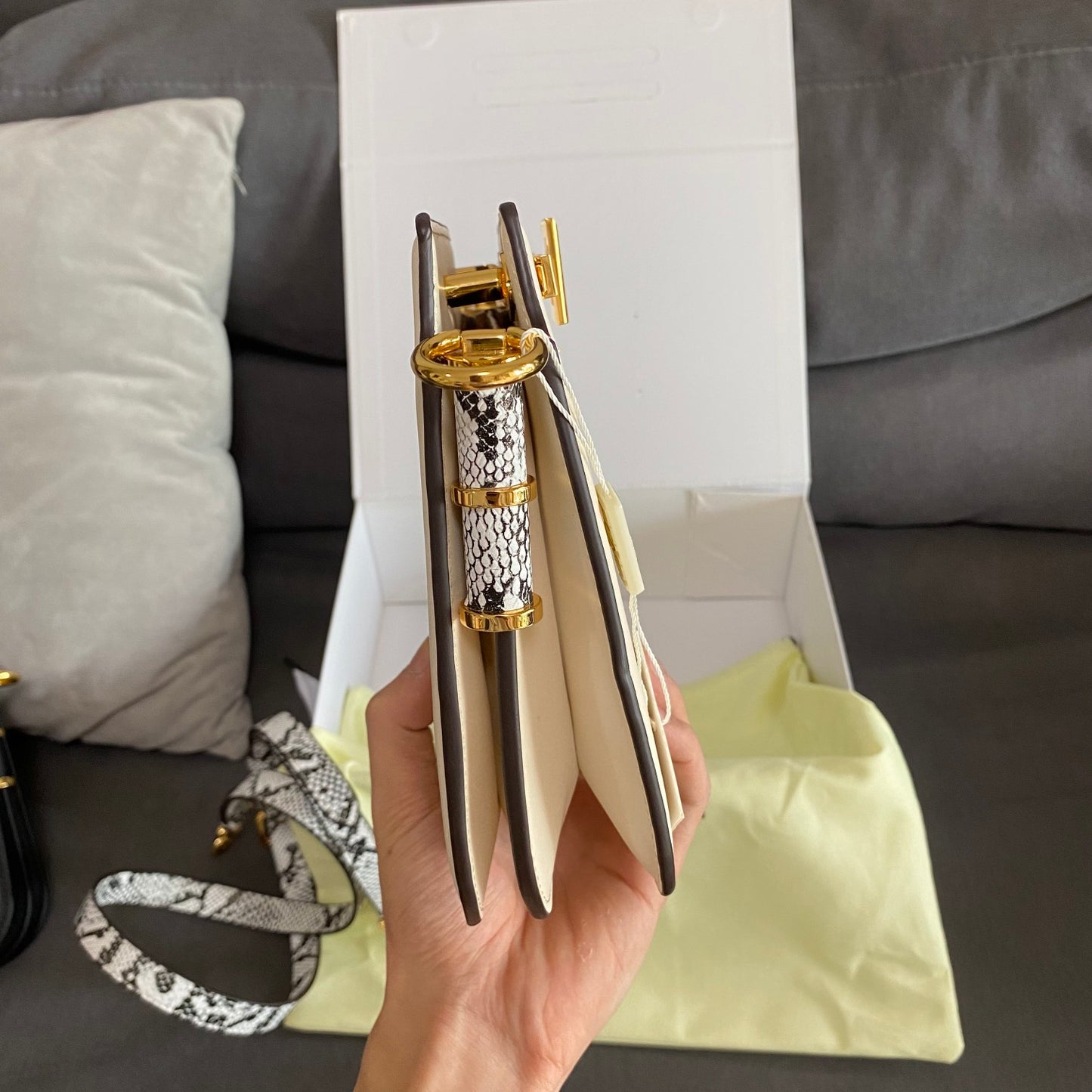 Fendi Kan U White Leather Shoulder Bag with Python-Effect Detail