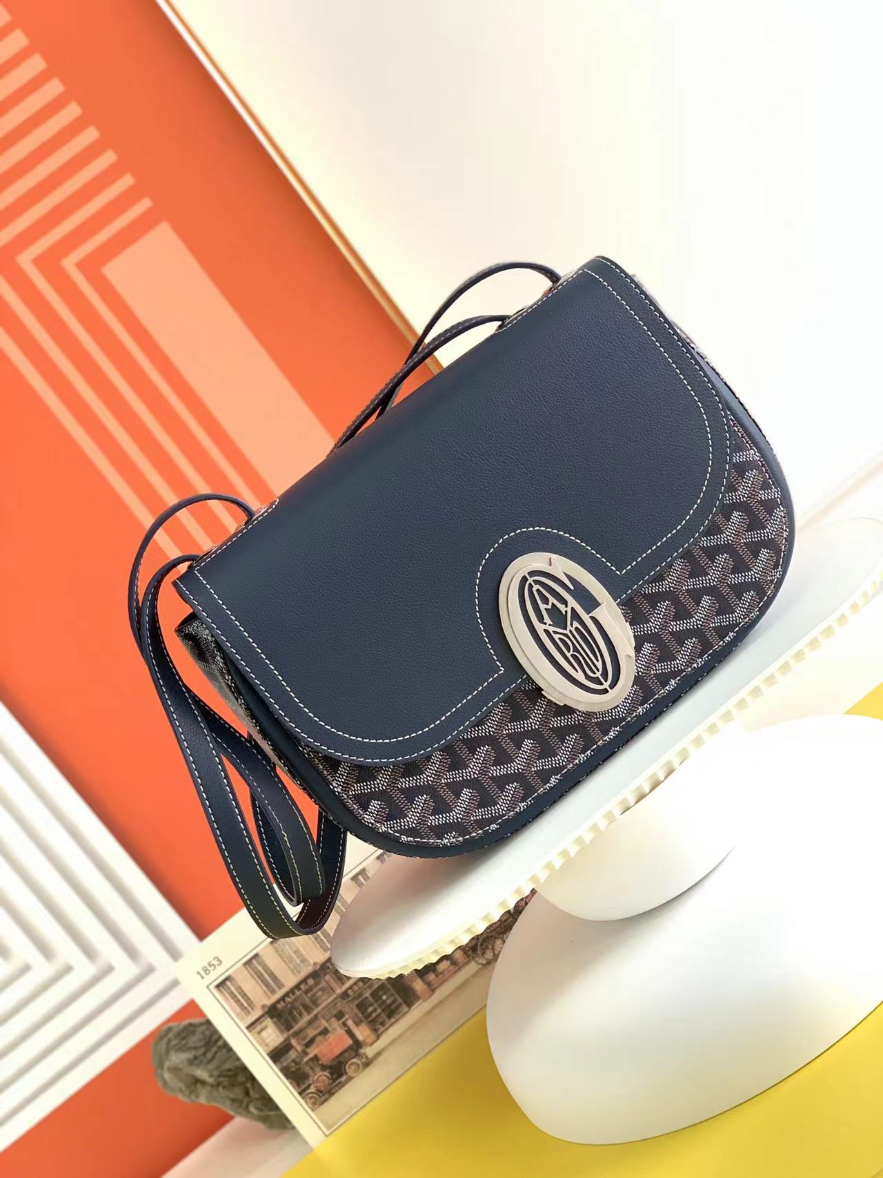 Gogy Classic Navy Blue Chevron Pattern Flap Crossbody Bag with Silver Clasp