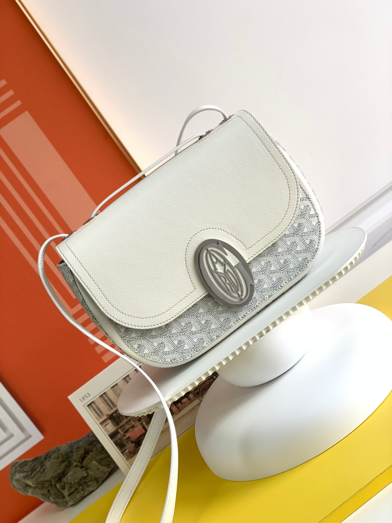 Gogy Elegant White Leather and Grey Patterned Crossbody Shoulder Bag