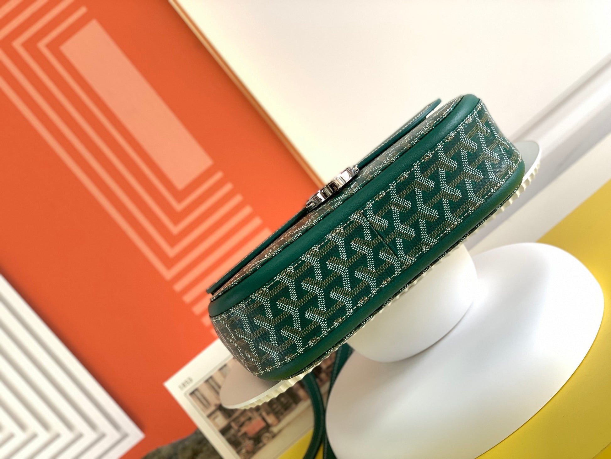 Gogy Classic Green Leather Crossbody Bag with Chevron Pattern and Silver Buckle