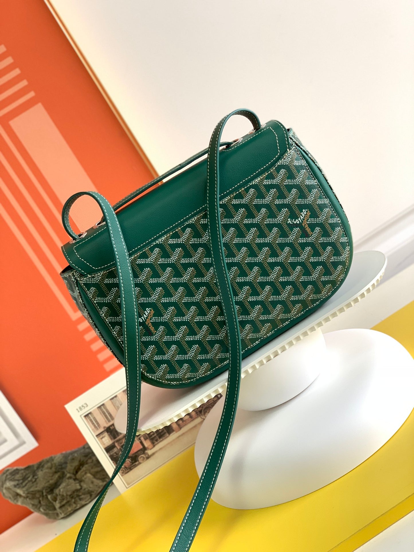 Gogy Classic Green Leather Crossbody Bag with Chevron Pattern and Silver Buckle