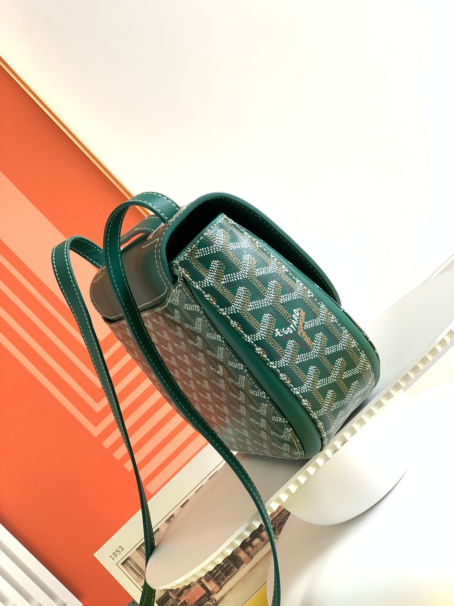 Gogy Classic Green Leather Crossbody Bag with Chevron Pattern and Silver Buckle