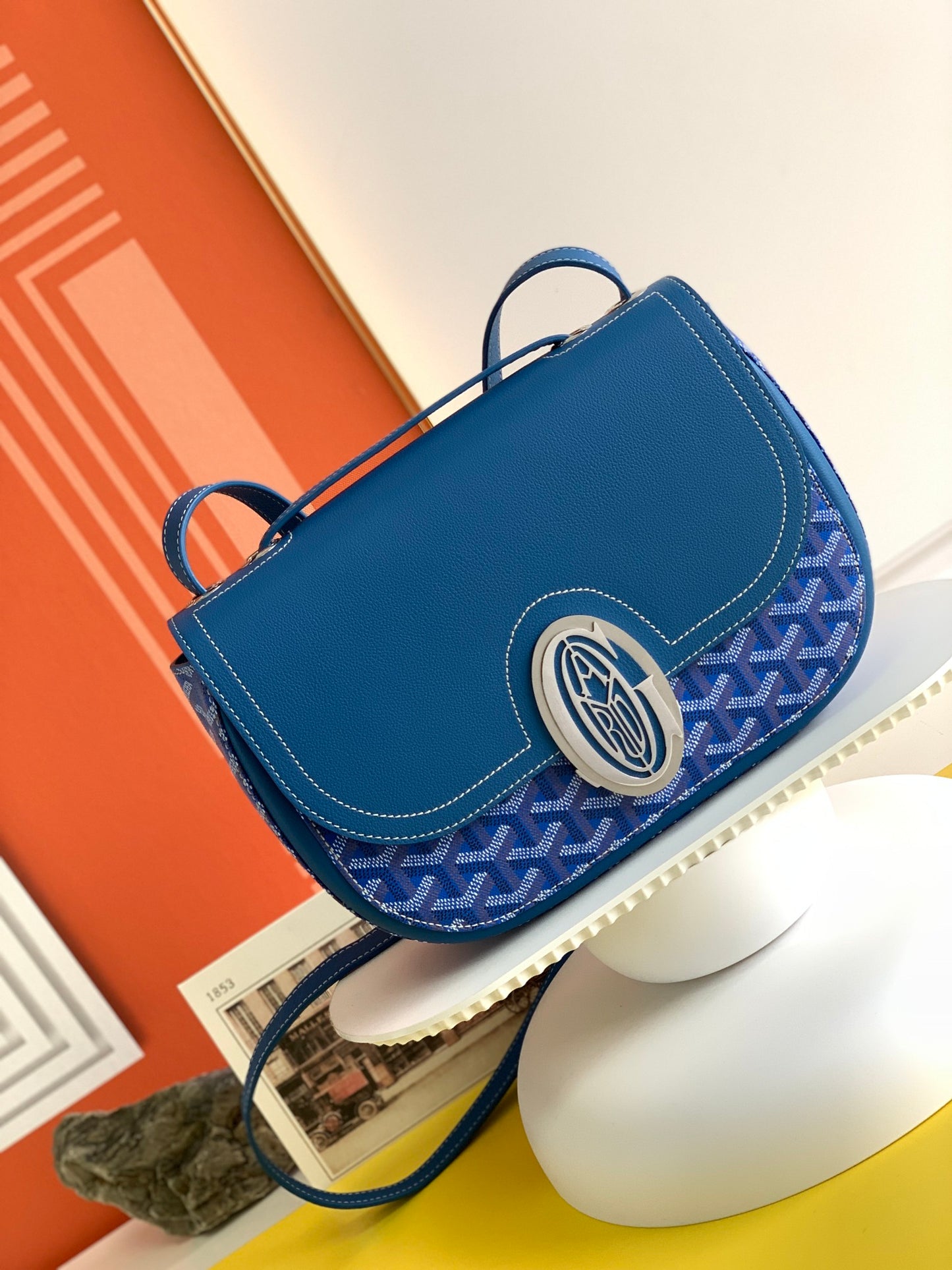 Gogy Elegant Blue Chevron Print Leather Crossbody Shoulder Bag