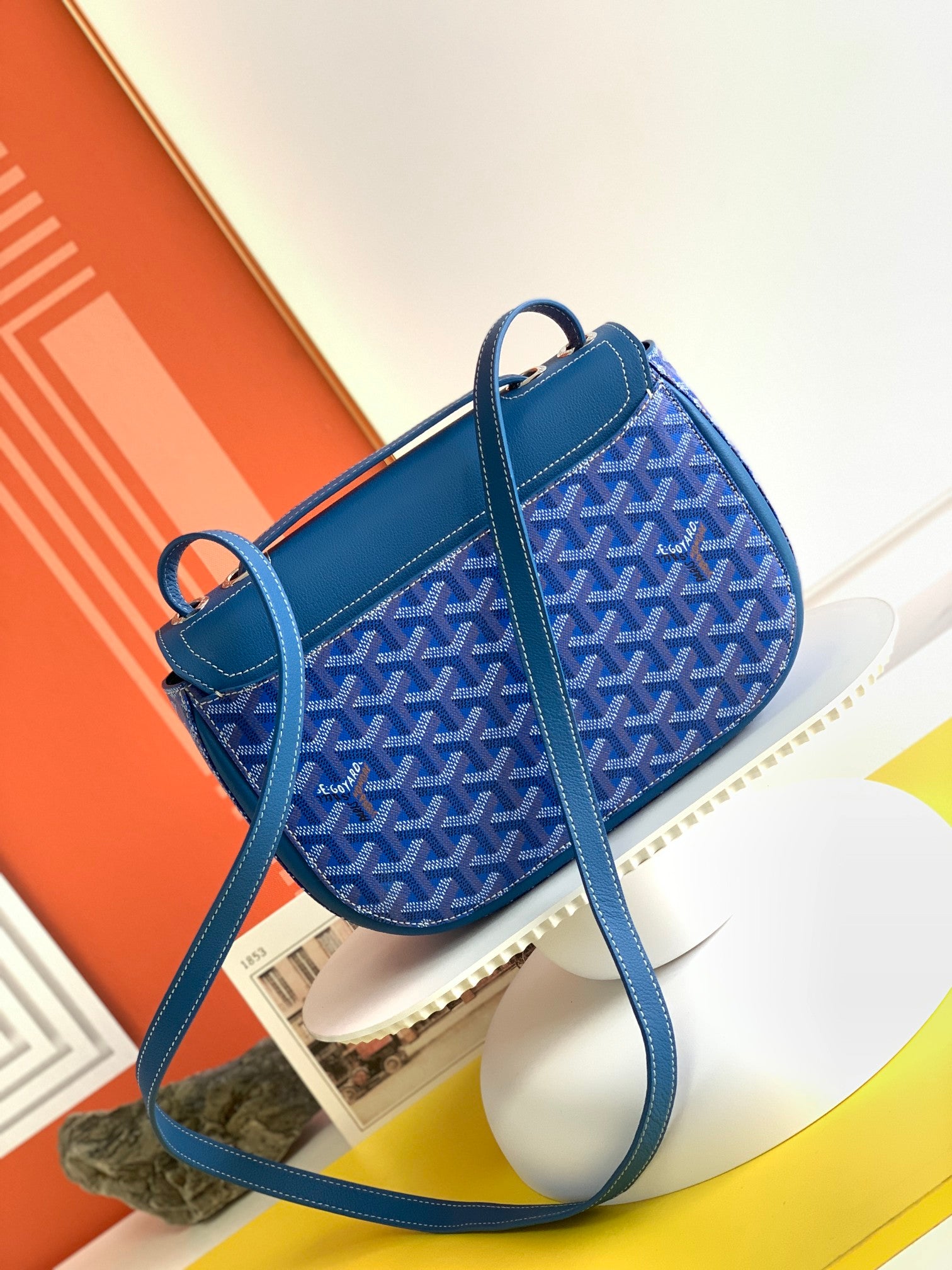 Gogy Elegant Blue Chevron Print Leather Crossbody Shoulder Bag