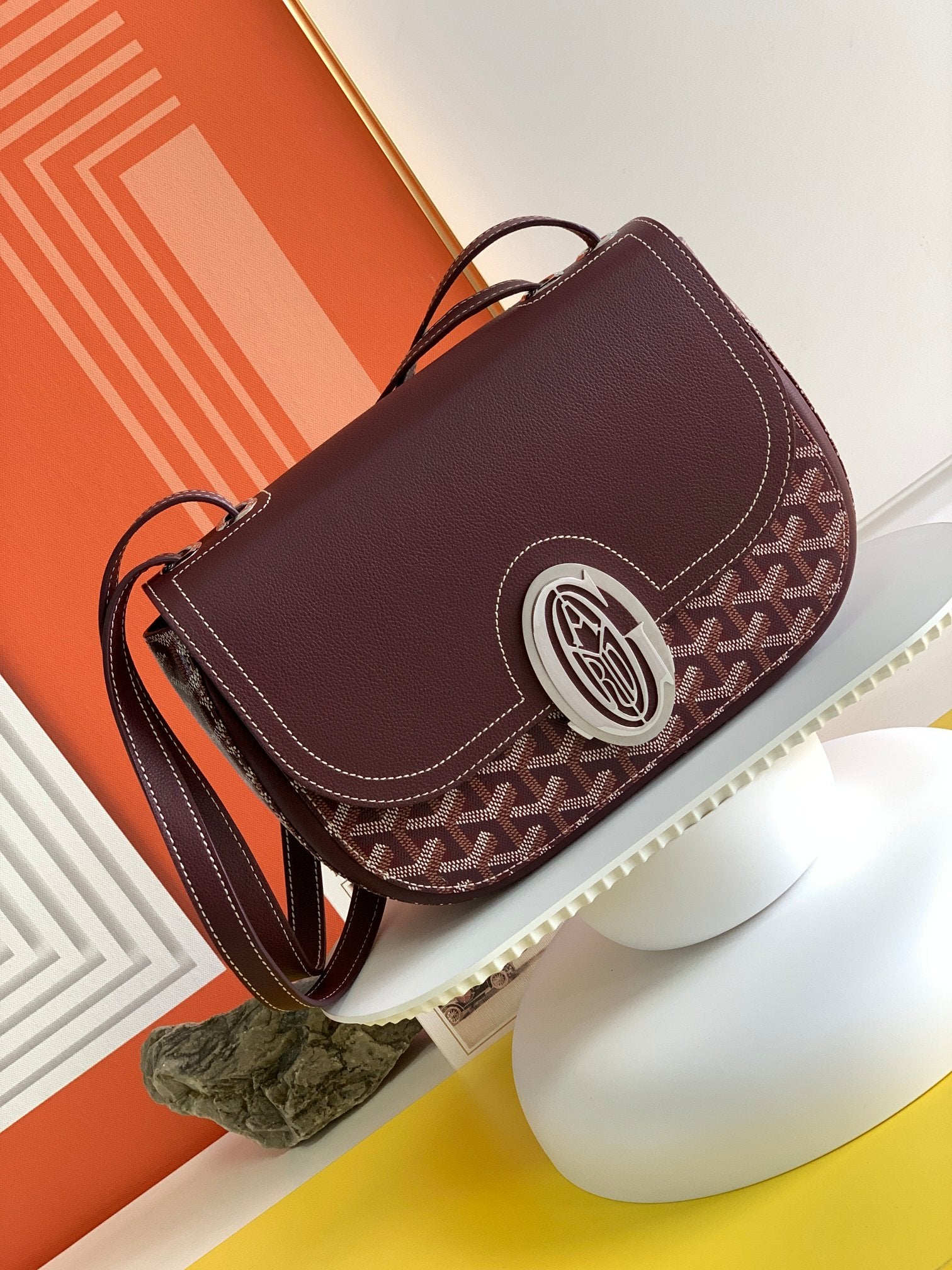 Gogy Burgundy Chevron Pattern Leather Shoulder Bag with Silver Oval Clasp