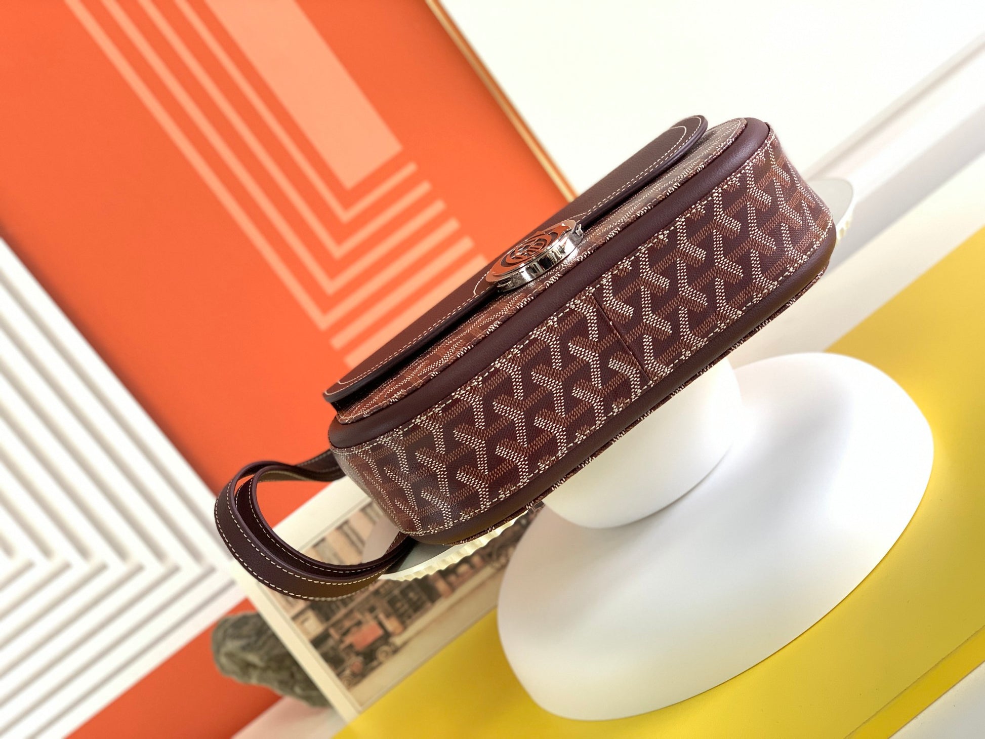 Gogy Burgundy Chevron Pattern Leather Shoulder Bag with Silver Oval Clasp