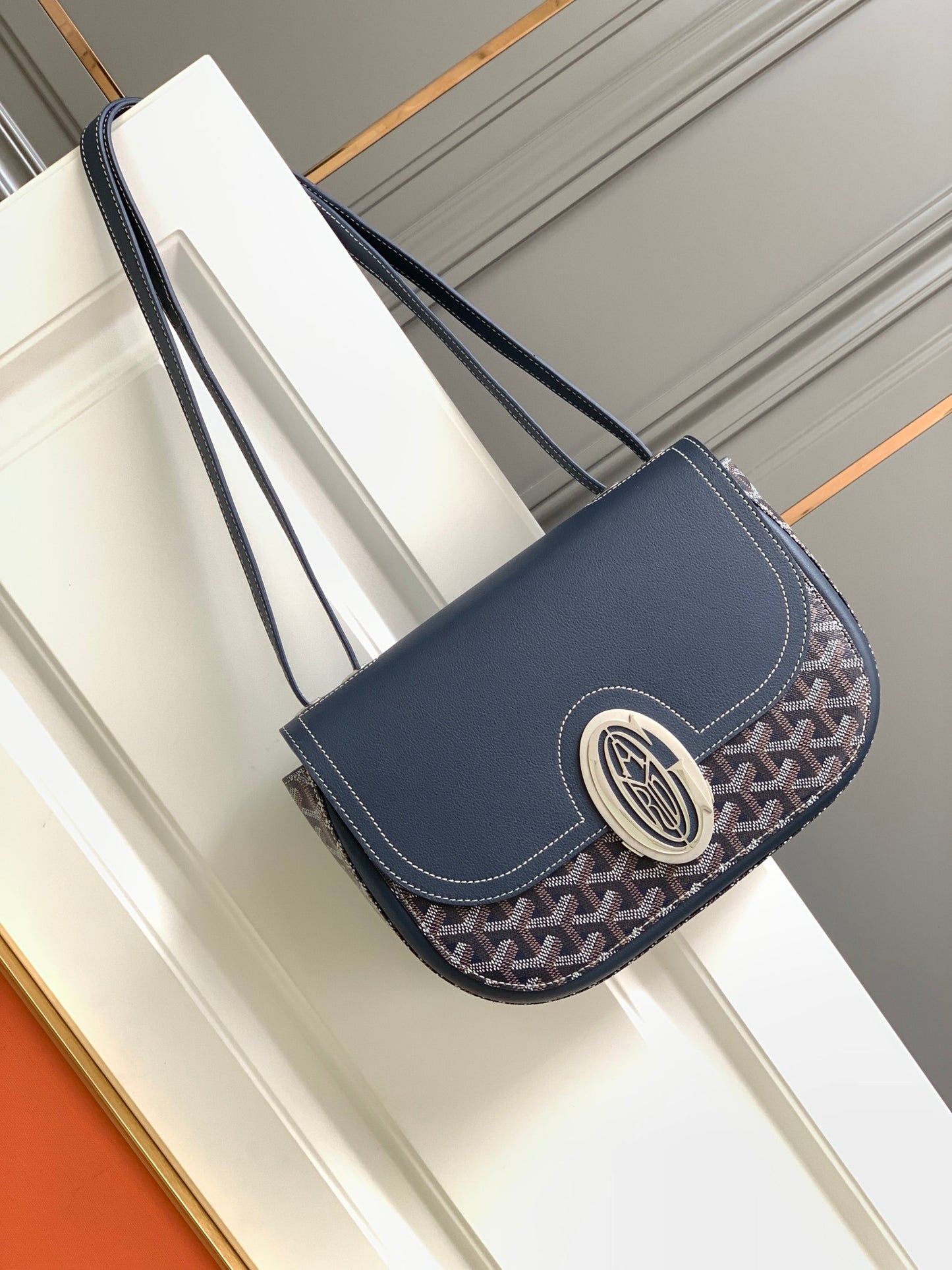 Gogy Luxury Navy Blue Patterned Canvas Shoulder Bag with Silver Emblem