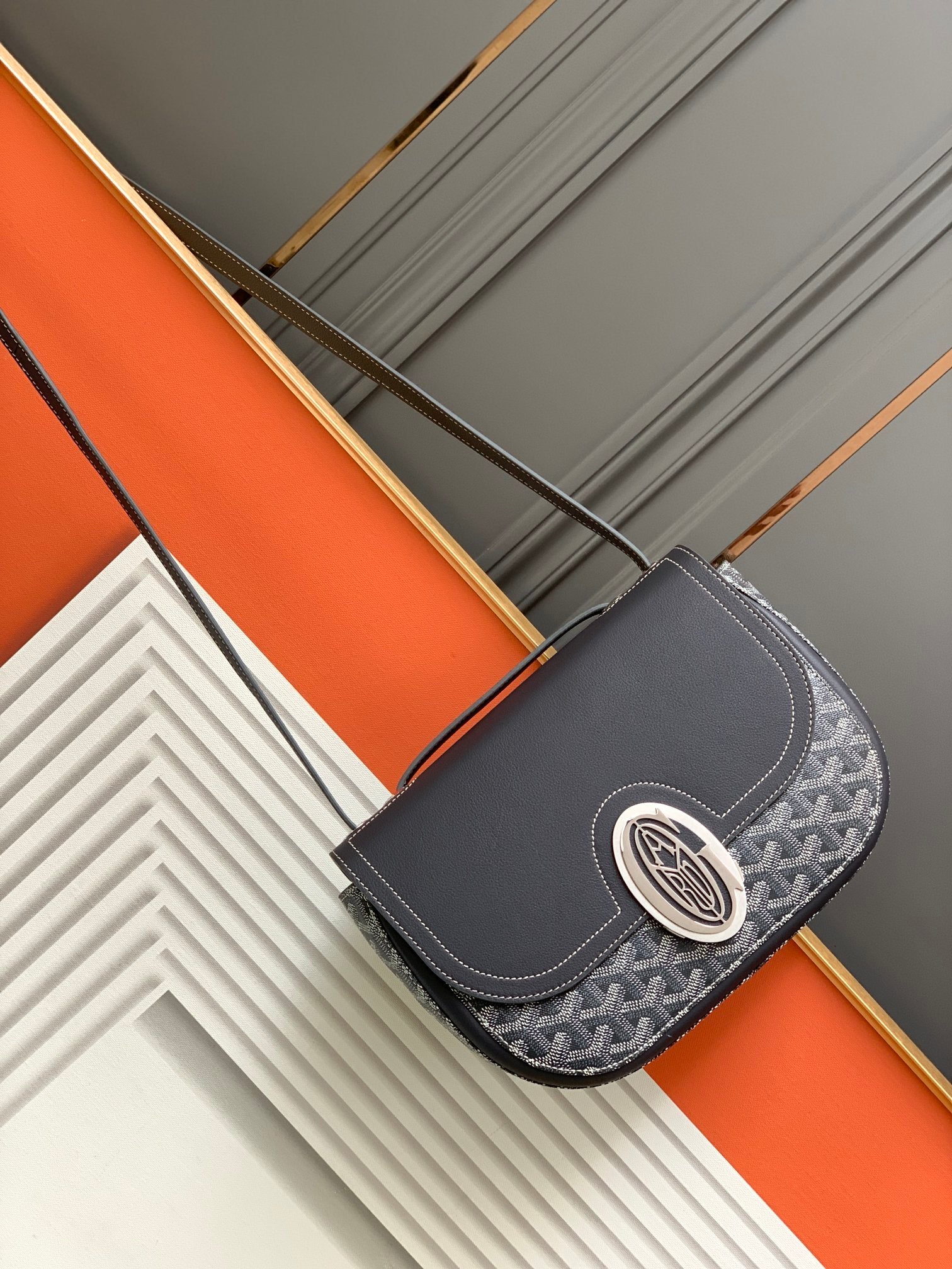 Gogy Luxury Navy Blue Patterned Canvas Shoulder Bag with Silver Emblem