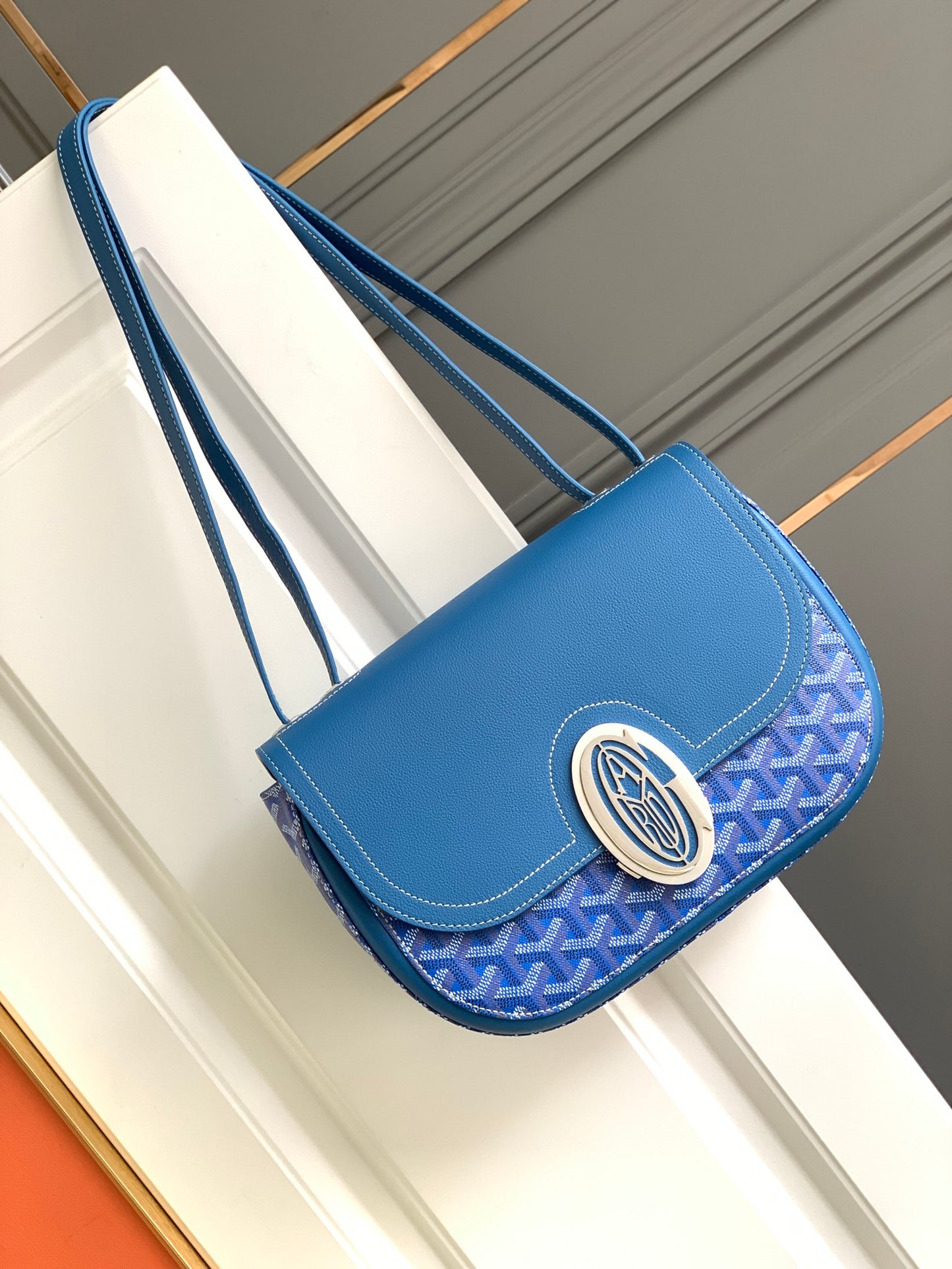 Gogy Luxury Navy Blue Patterned Canvas Shoulder Bag with Silver Emblem
