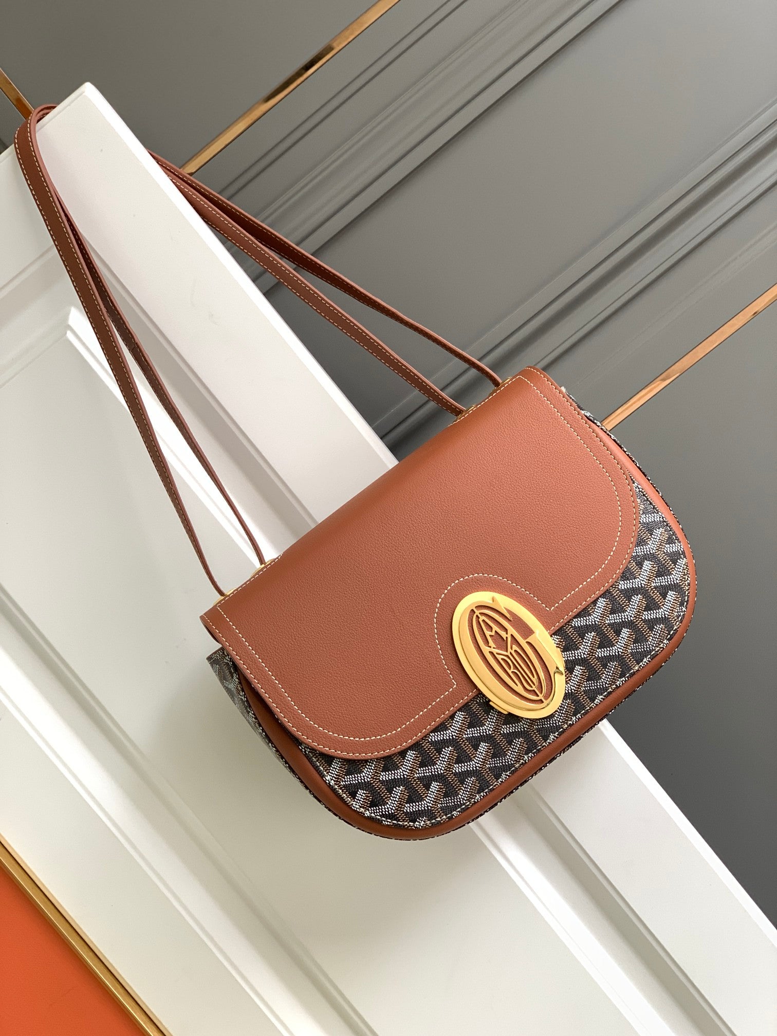 Gogy Luxury Navy Blue Patterned Canvas Shoulder Bag with Silver Emblem