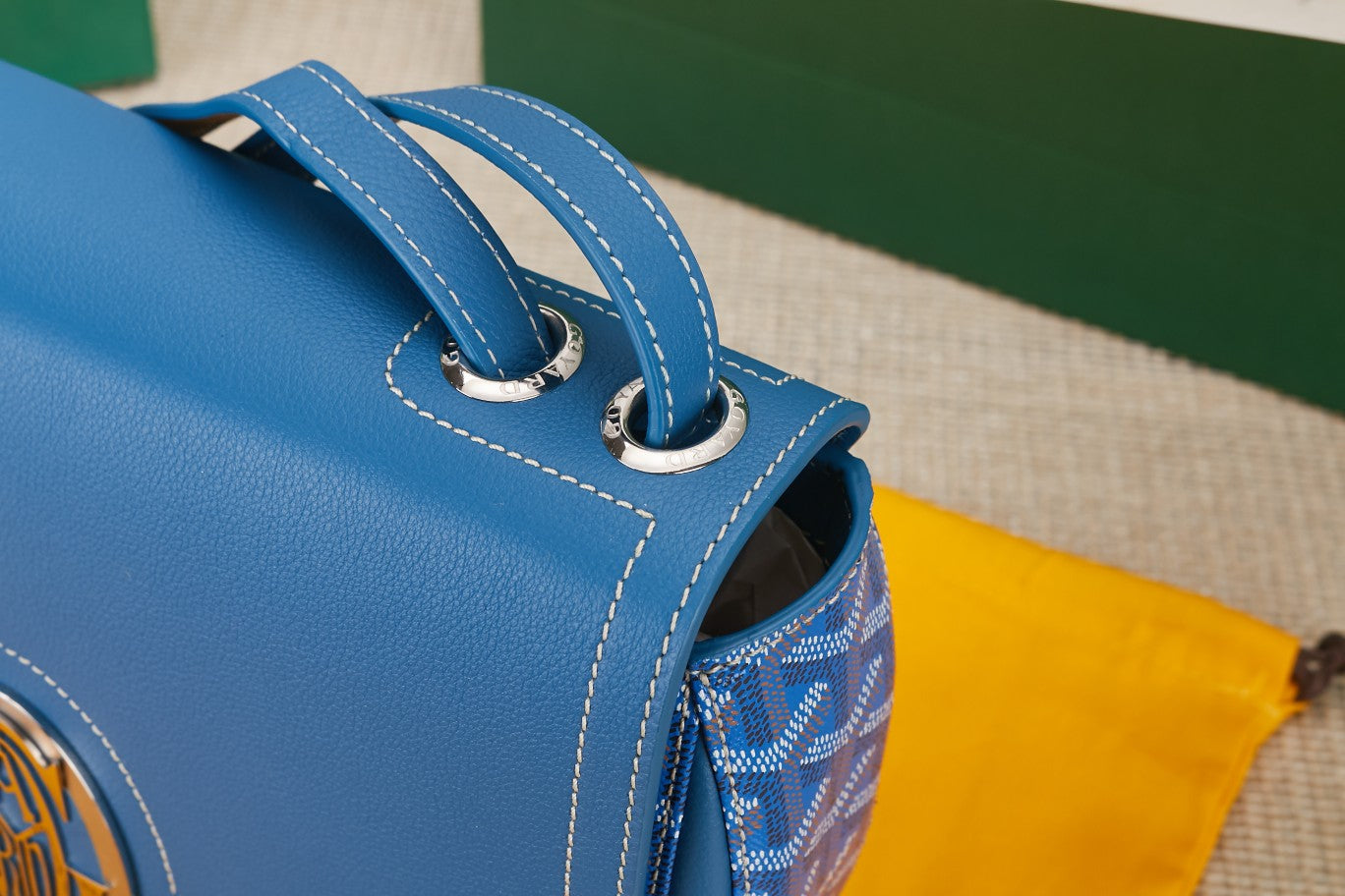 Gogy Blue Monogram Leather Crossbody Bag with Silver Clasp