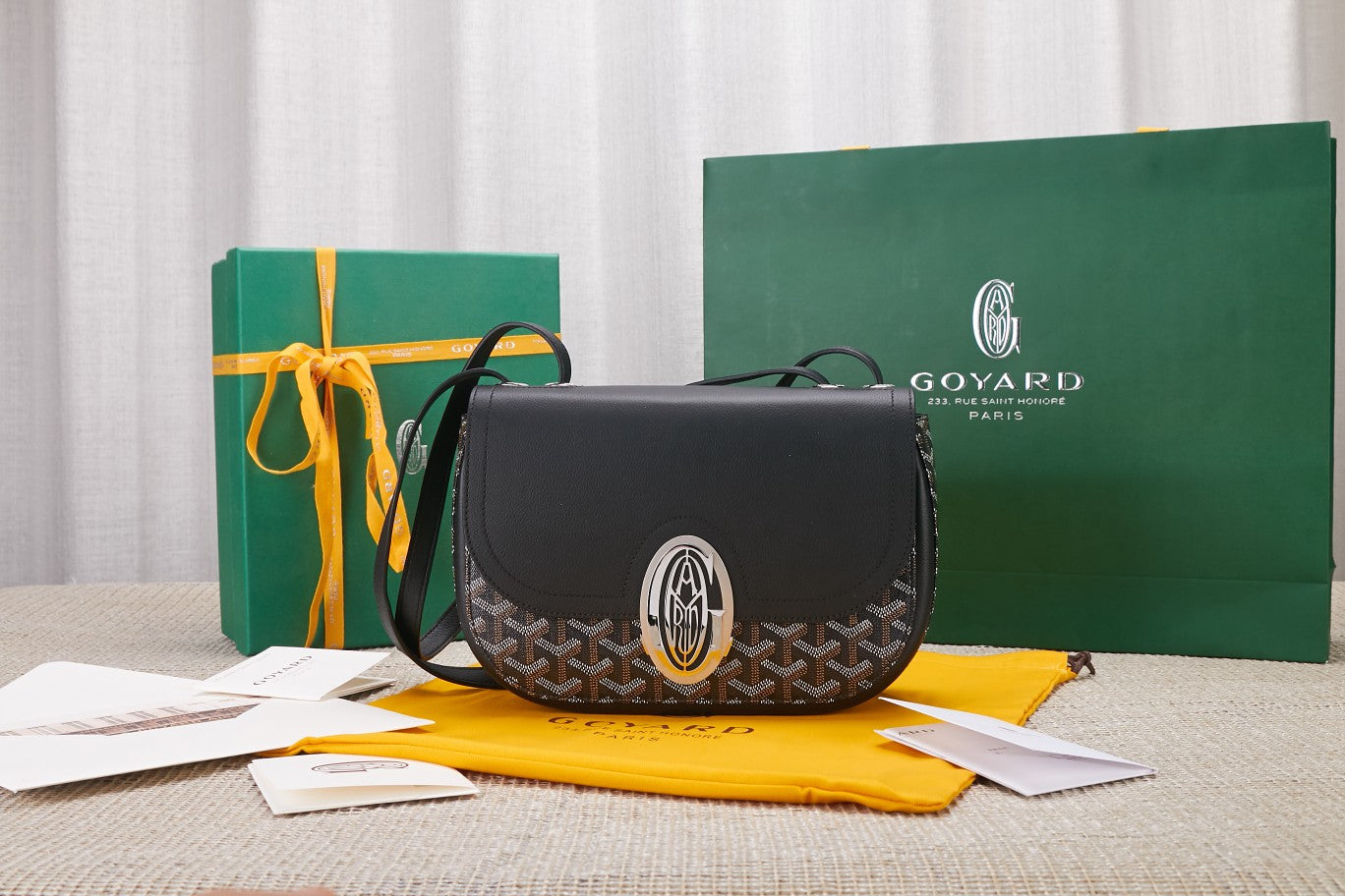 Gogy Classic Black Leather Crossbody Saddle Bag with Chevron Pattern