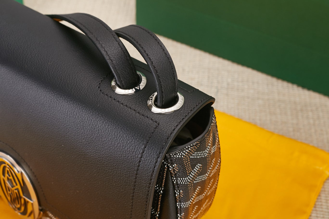 Gogy Classic Black Leather Crossbody Saddle Bag with Chevron Pattern